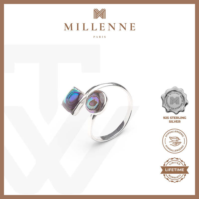 MILLENNE Minimal Abalone Shell Featuring Circle and Square Silver Adjustable Ring with 925 Sterling Silver