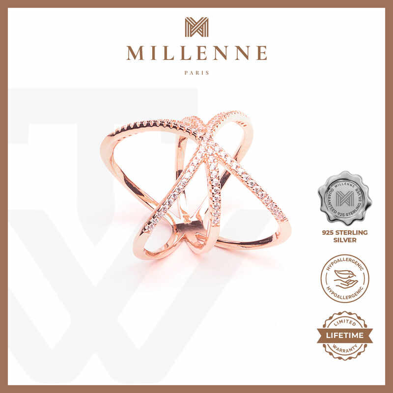 MILLENNE Made For The Night Long Curved Cubic Zirconia Rose Gold Ring with 925 Sterling Silver