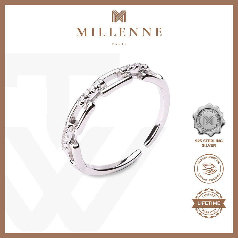 MILLENNE Millennia 2000 Studded Chain Link Cubic Zirconia White Gold Ring with 925 Sterling Silver