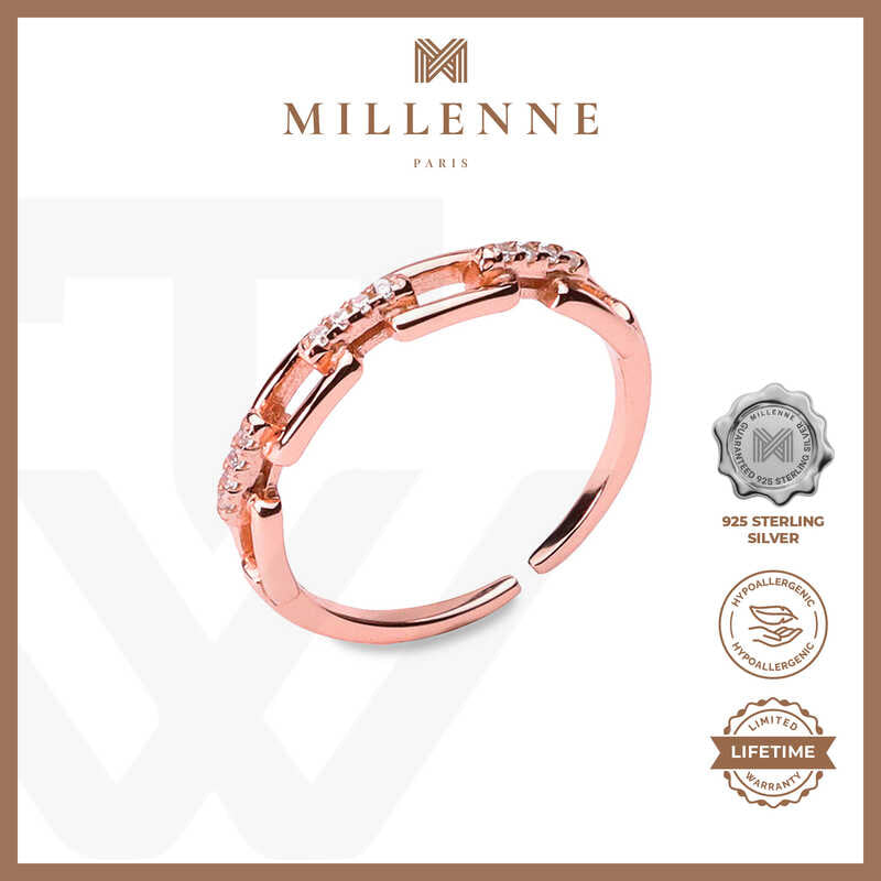 MILLENNE Millennia 2000 Studded Chain Link Cubic Zirconia Rose Gold Ring with 925 Sterling Silver