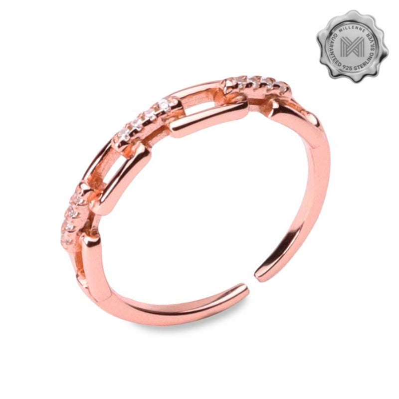 MILLENNE Millennia 2000 Studded Chain Link Cubic Zirconia Rose Gold Ring with 925 Sterling Silver