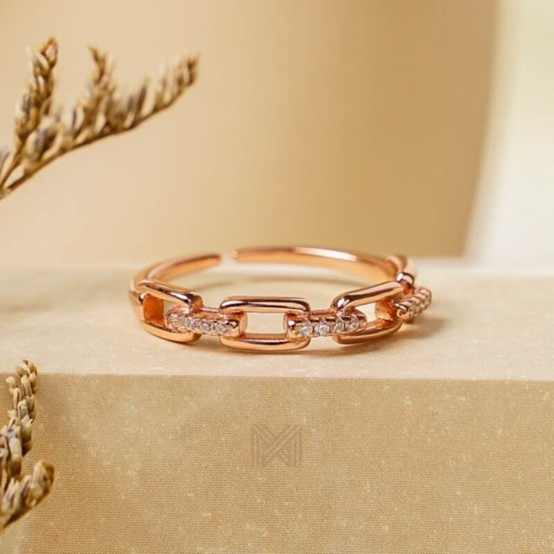 MILLENNE Millennia 2000 Studded Chain Link Cubic Zirconia Rose Gold Ring with 925 Sterling Silver