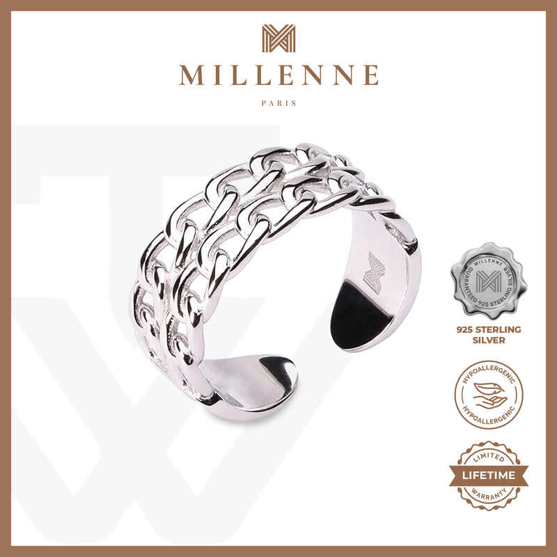 MILLENNE Millennia 2000 Double Chain Link White Gold Ring with 925 Sterling Silver