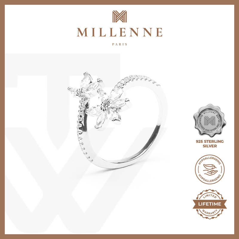 MILLENNE Made For The Night Flower Cubic Zirconia Silver Adjustable Ring with 925 Sterling Silver