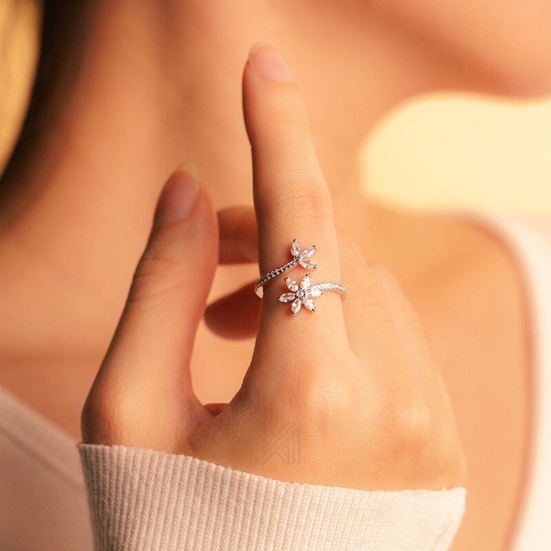 MILLENNE Made For The Night Flower Cubic Zirconia Silver Adjustable Ring with 925 Sterling Silver