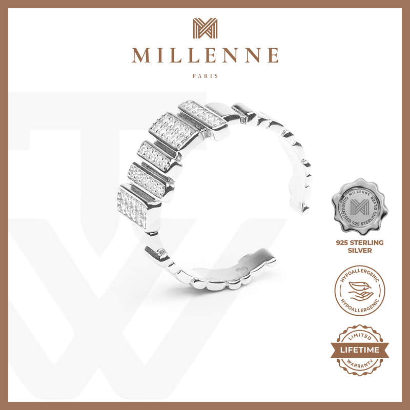 MILLENNE Made For The Night Wavy Bars Studded Cubic Zirconia White Gold Adjustable Ring with 925 Sterling Silver