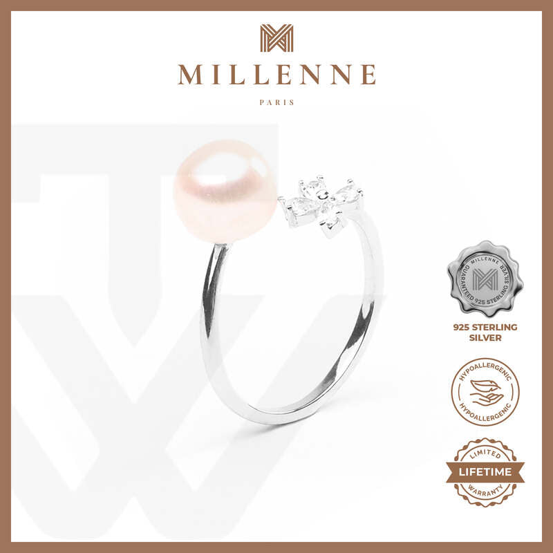 MILLENNE Multifaceted Pearl and 4 Leaf Clover White Gold Adjustable Ring with 925 Sterling Silver