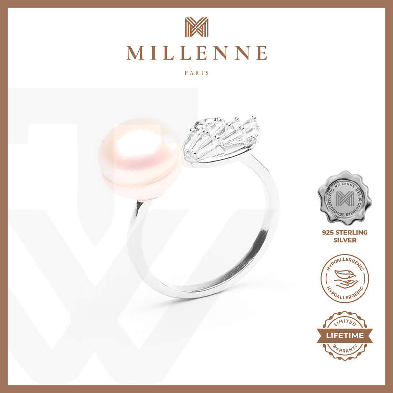 MILLENNE Multifaceted Pearl and Swan White Gold Adjustable Ring with 925 Sterling Silver