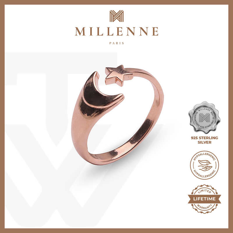 MILLENNE Match The Stars Cresent Moon and Star Rose Gold Adjustable Ring with 925 Sterling Silver