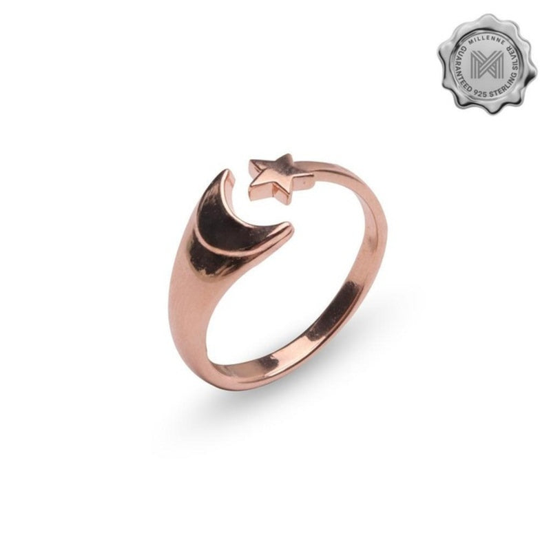 MILLENNE Match The Stars Cresent Moon and Star Rose Gold Adjustable Ring with 925 Sterling Silver