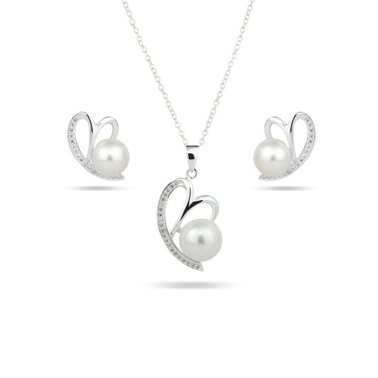 MILLENNE Made For The Night Freshwater Pearl Heart Cubic Zirconia Silver Necklace and Earrings Set with 925 Sterling Silver